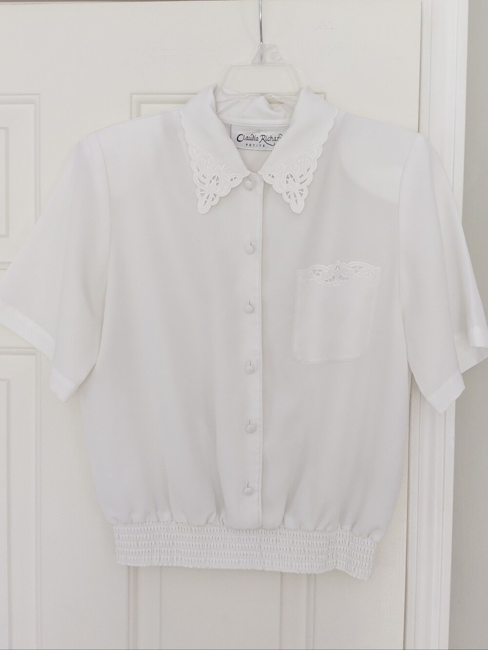 Claudia Richard Petite Vintage White Lace Business Casual Short Sleeve Blouse 8P
